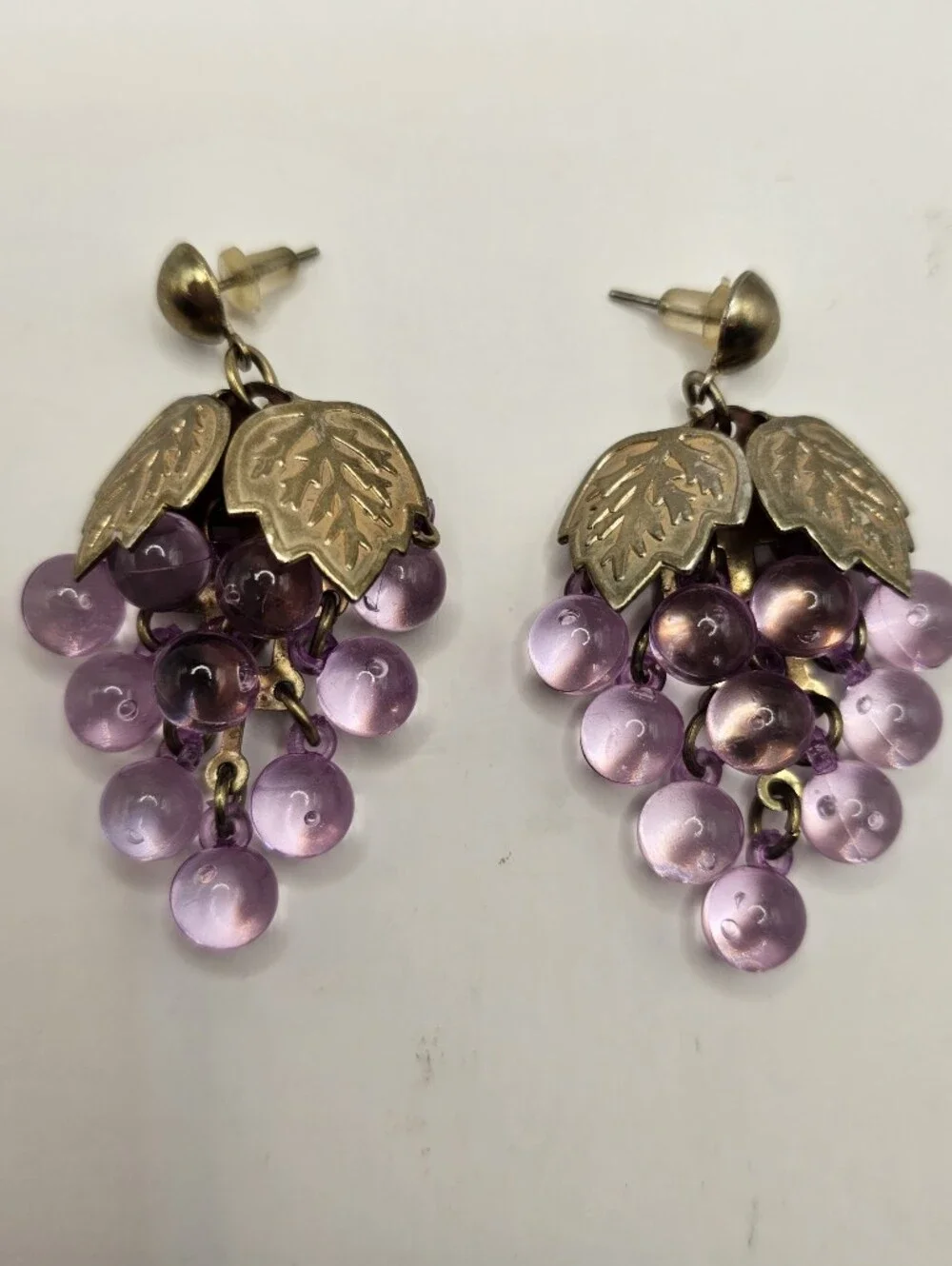 Vintage Purple Grape Cluster Drop Earrings with Gold Leaves